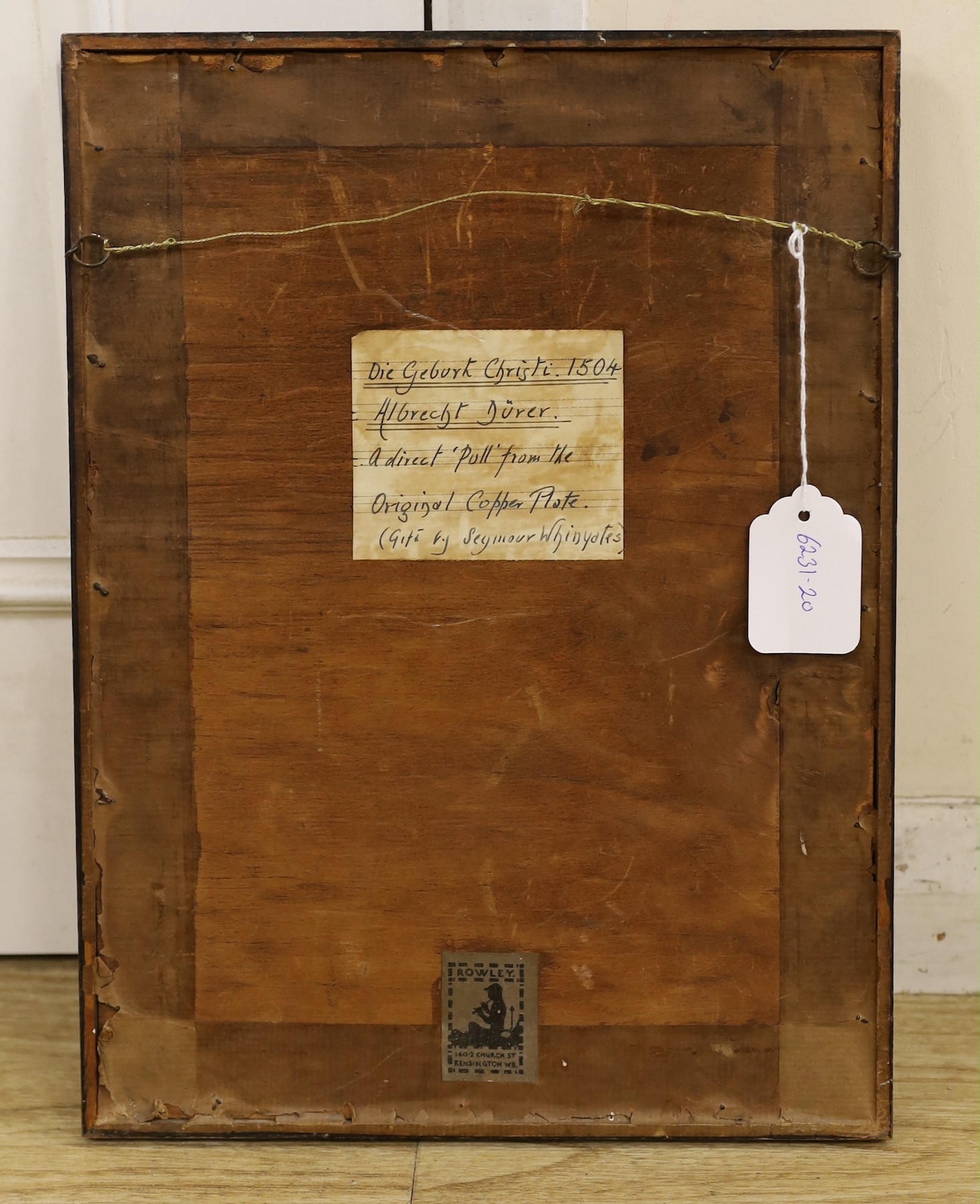 After Albrecht Durer, 'Die Geburt Christi', a direct pull from the copper plate, 18 x 12cm, sheet overall 35 x 25cm